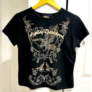 Vintage Harley Davidson Motor Girl Eagle Sequin Graphic T-Shirt Baby Tee-Large